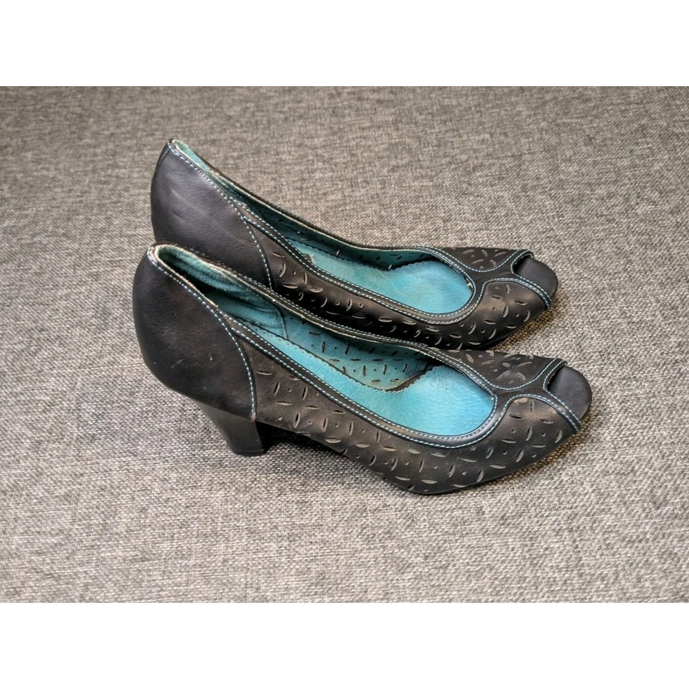 American Eagle Black Leather Turquoise 3 1/2" High Heel Pump Shoes Size 8